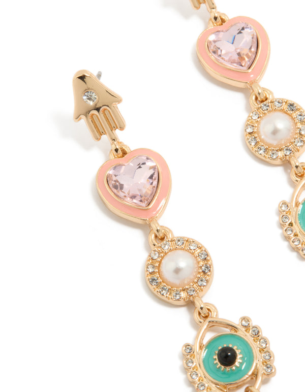 Gold Enamel Celestial Drop Earrings
