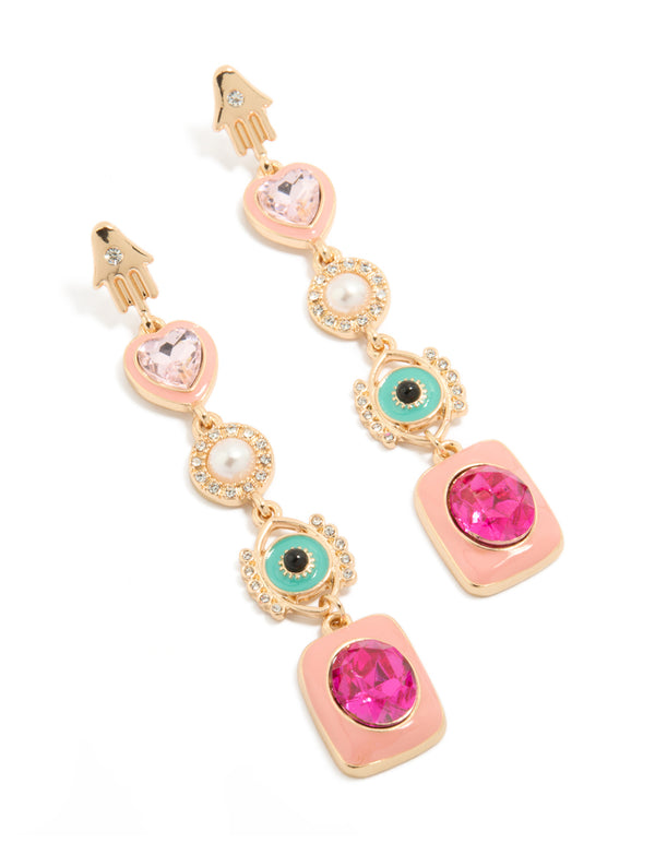 Gold Enamel Celestial Drop Earrings