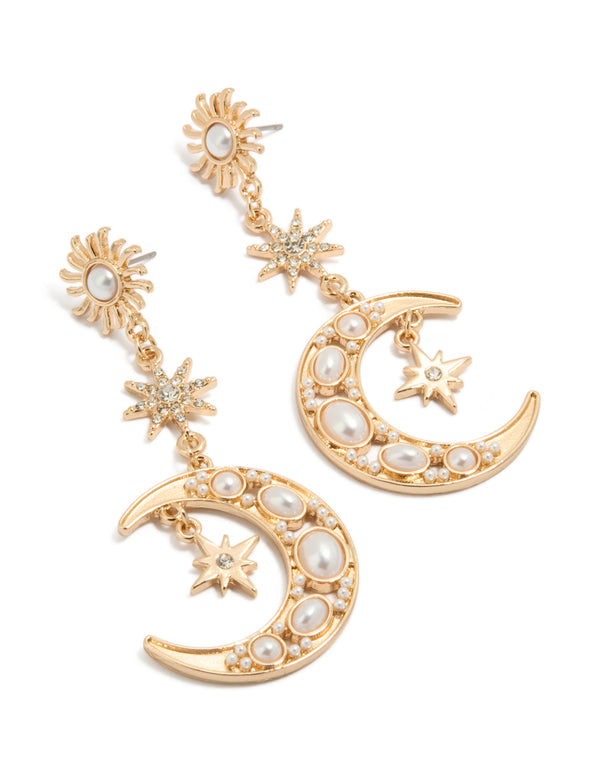 Gold Pearl Celestial Drop Earrings