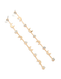 Gold Clear Diamante &  Celestial Thin Drop Earrings - link has visual effect only