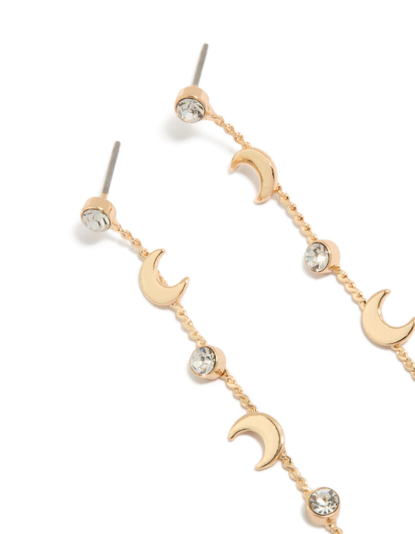 Gold Clear Diamante &  Celestial Thin Drop Earrings