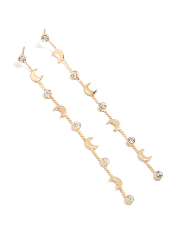 Gold Clear Diamante &  Celestial Thin Drop Earrings
