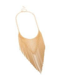 Explore this gold mesh bib tassel necklace in a statement style front view - link has visual effect only