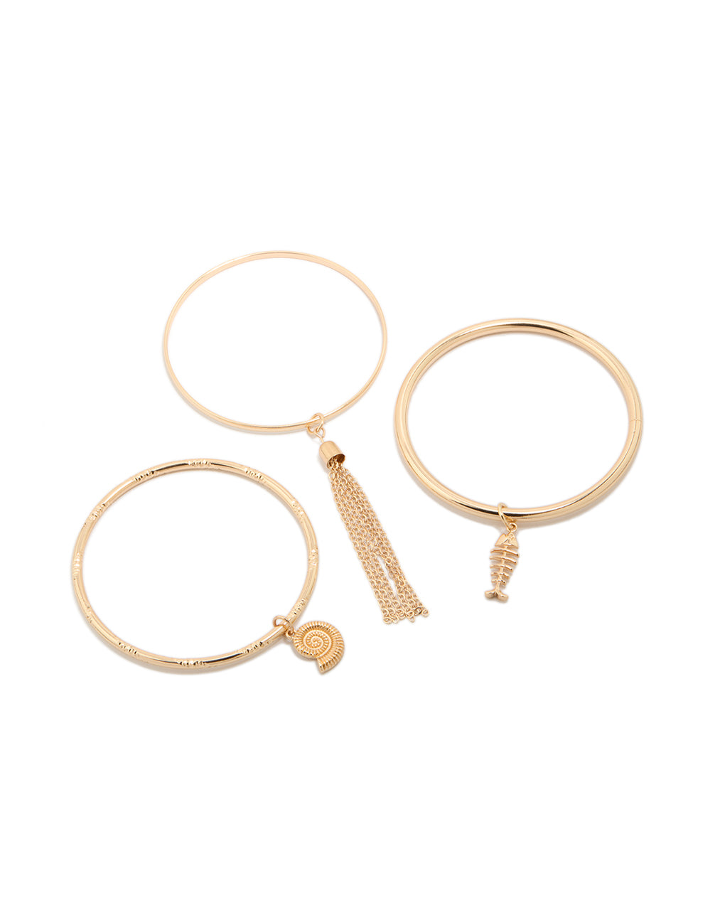 Showcasing gold charm and tassel bangles in a 3-pack featuring shell and ocean-inspired designs front view