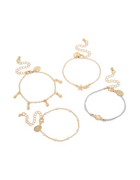 Showcasing a gold pearl and light blue cord bracelets in a 4-pack with celestial star, moon accents, and delicate design front view - link has visual effect only
