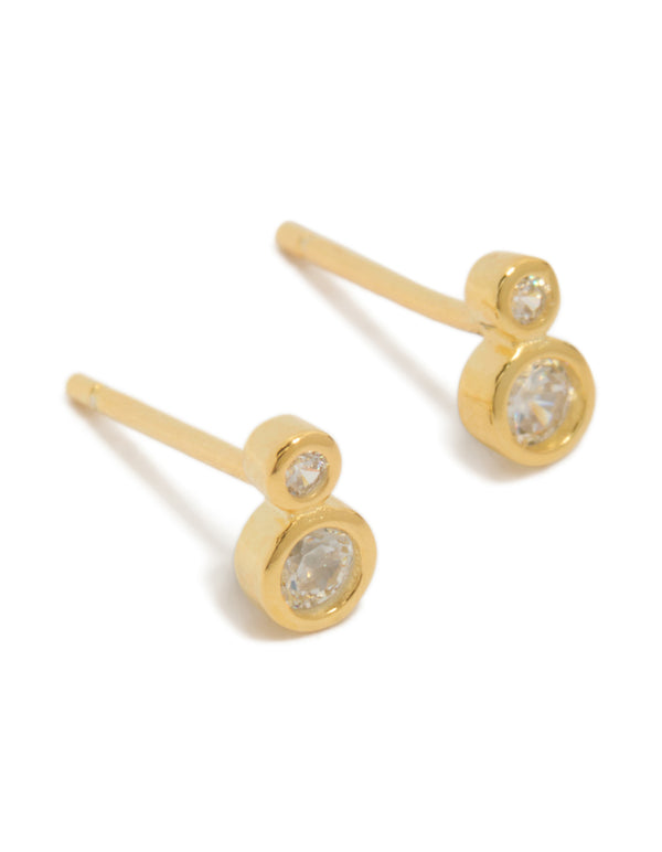 Gold Plated Sterling Silver Cubic Zirconia Double Bezel Set Stud Earrings