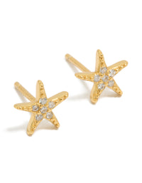 Showcasing gold plated sterling silver cubic zirconia starfish earrings featuring ocean and in clear front view - link has visual effect only