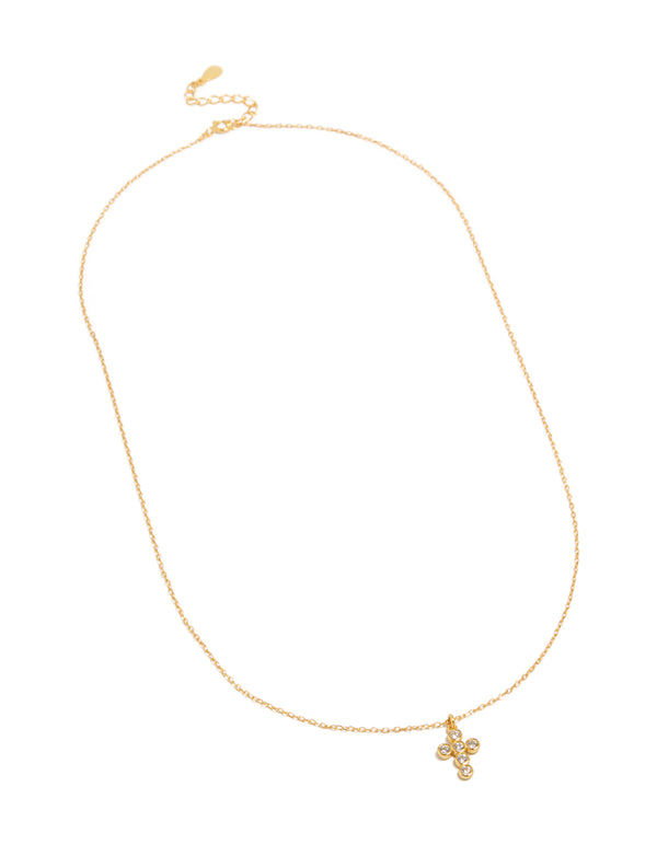 Gold Plated Sterling Silver Cubic Zirconia Bezel Cross Pendant Necklace