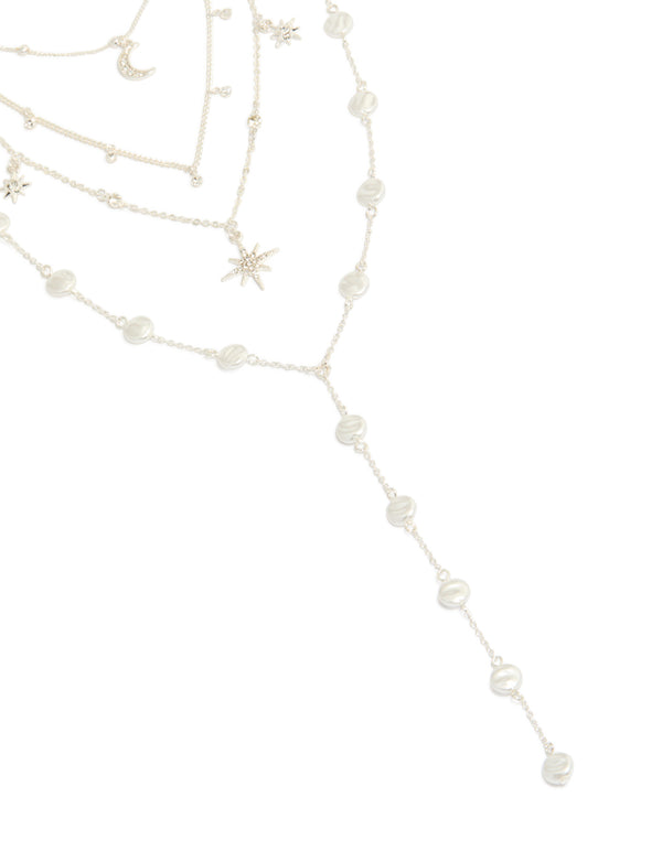 Silver Diamante Celestial Multi Pearl  Layered Y-Necklace