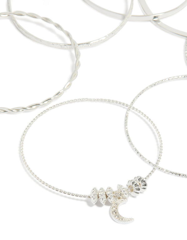 Silver Diamante Moon & Star Bangles 7-Pack