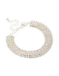 Stunning silver diamante thick flexible bracelet in a chunky style front view - link has visual effect only