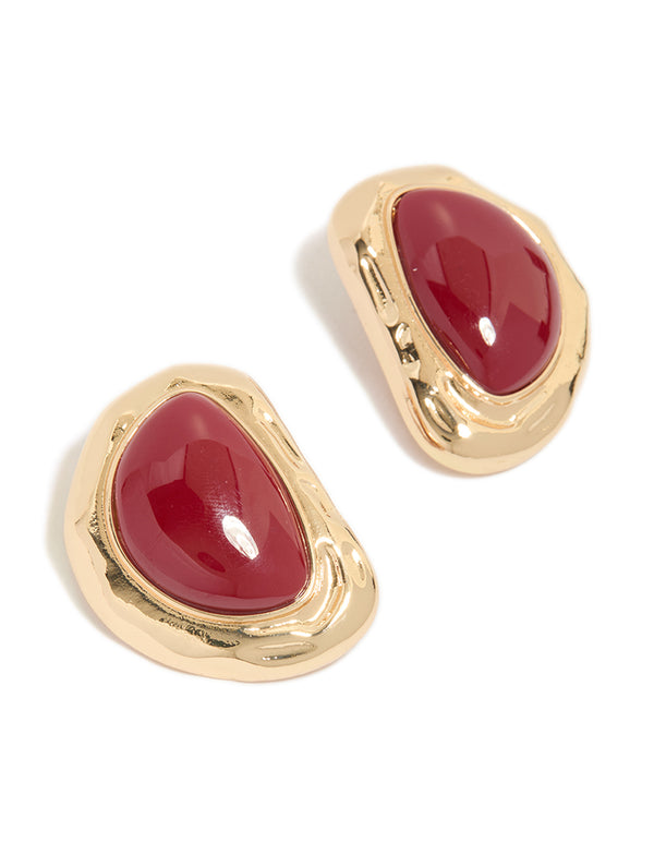 Gold Organic Red Stone Textured Stud Earrings