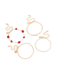 Showcasing a gold dainty pearl and red beaded chain bracelets 4-pack front view - link has visual effect only