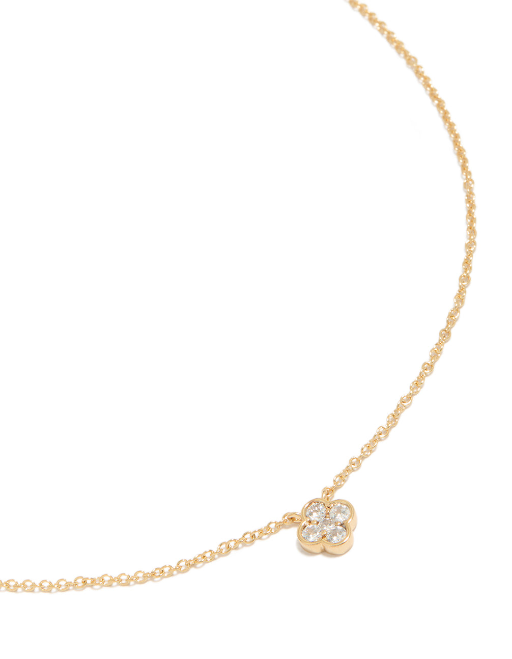 Featuring a floral necklace with gold plated cubic zirconia and crystal pendant in a dainty style close up view