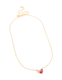 Showcasing a gold plated pendant necklace with red cubic zirconia crystal front view - link has visual effect only