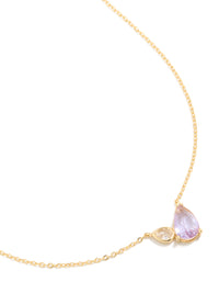 Showcasing a gold plated June lilac cubic zirconia necklace featuring crystal pendant in dainty style close up view - link has visual effect only