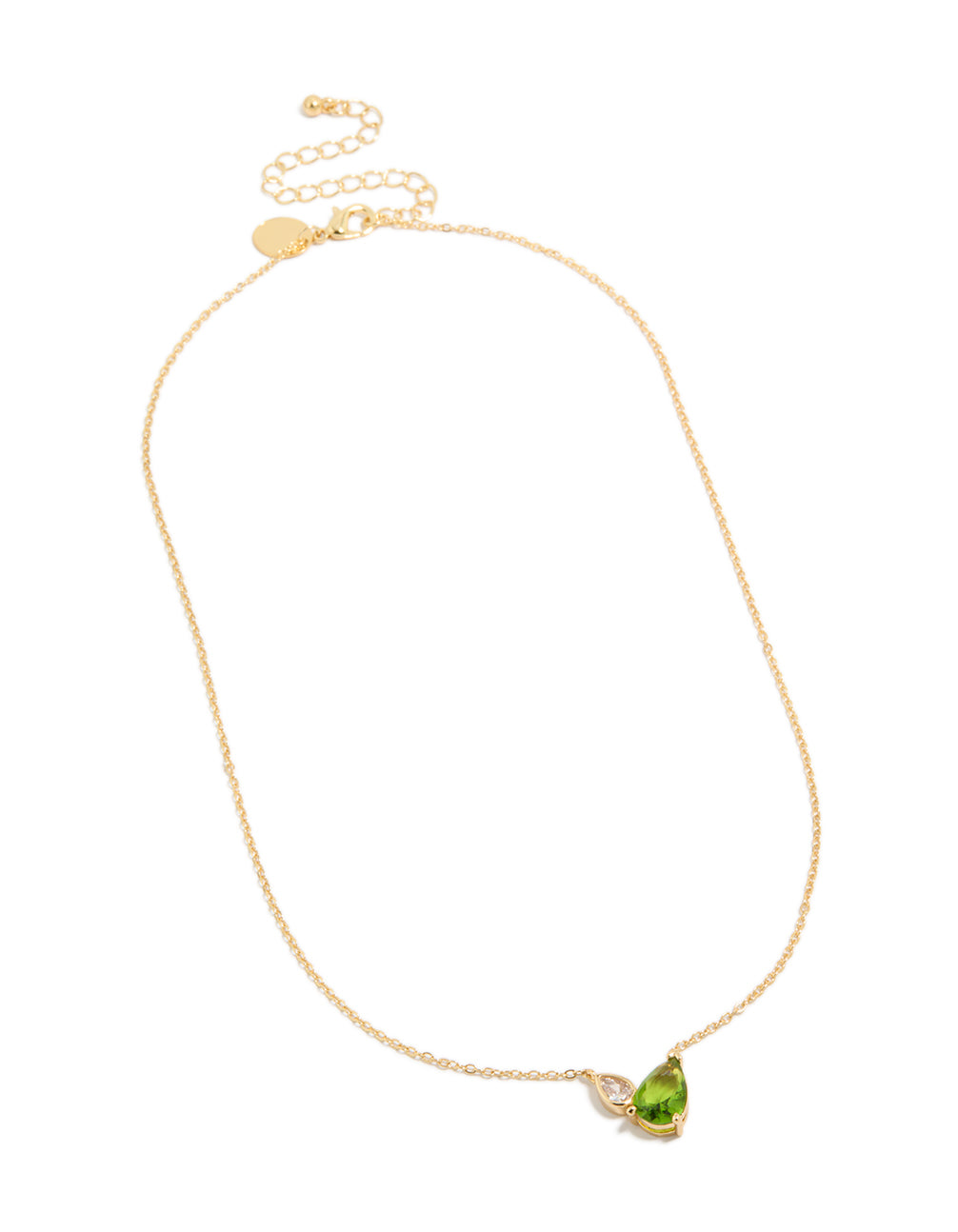 Elegant gold plated August green cubic zirconia pendant necklace and crystal details front view