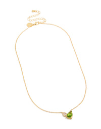 Elegant gold plated August green cubic zirconia pendant necklace and crystal details front view - link has visual effect only