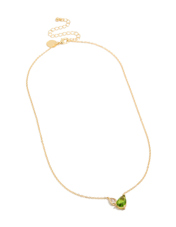 Elegant gold plated August green cubic zirconia pendant necklace and crystal details front view