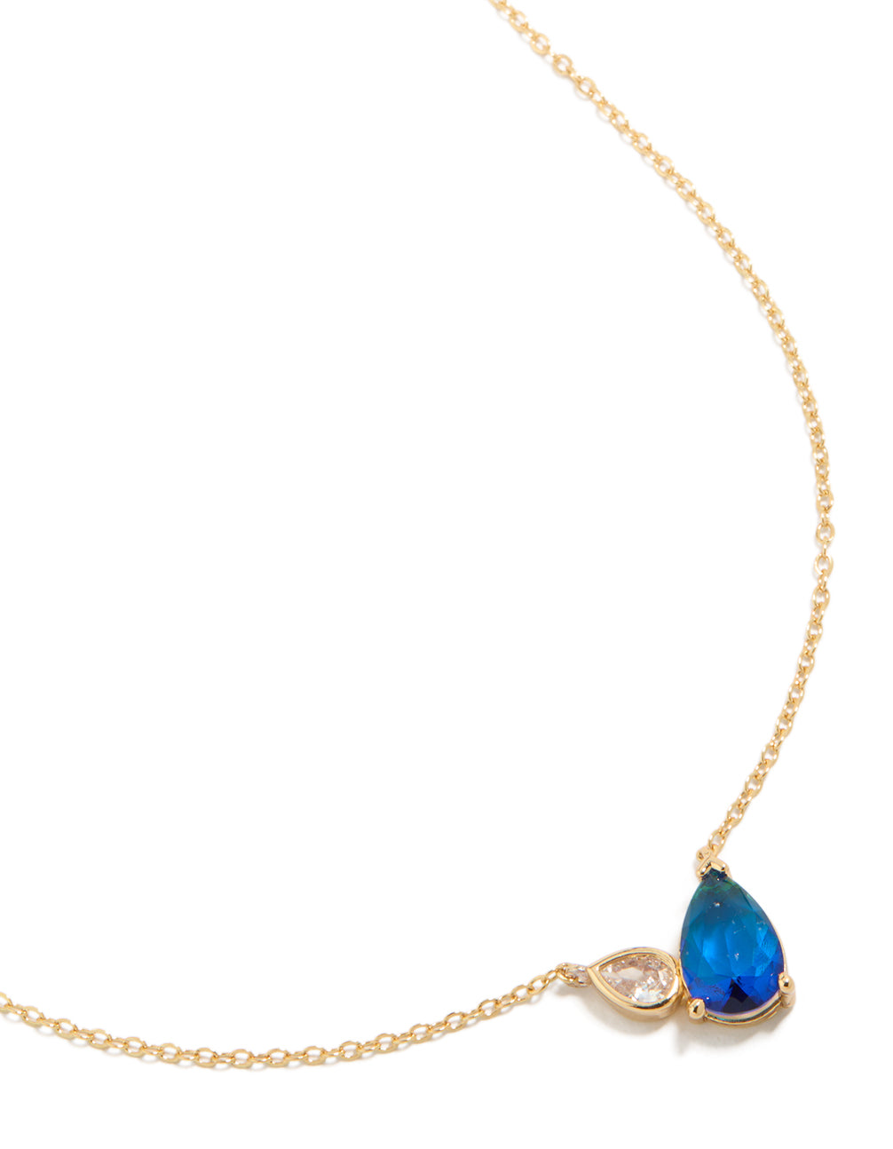 Showcasing a gold plated September blue cubic zirconia pendant necklace featuring crystal and dainty design close up view