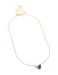 Featuring a gold plated September blue cubic zirconia pendant necklace crystal and dainty design front view - link has visual effect only