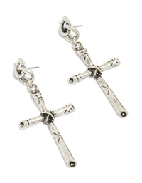 Showcasing antique silver edgy textured cross drop earrings with chunky styling front view - link has visual effect only