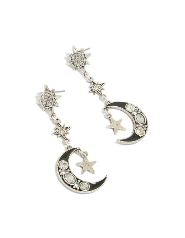 Discover antique silver edgy star moon drop earrings featuring celestial charm design front view