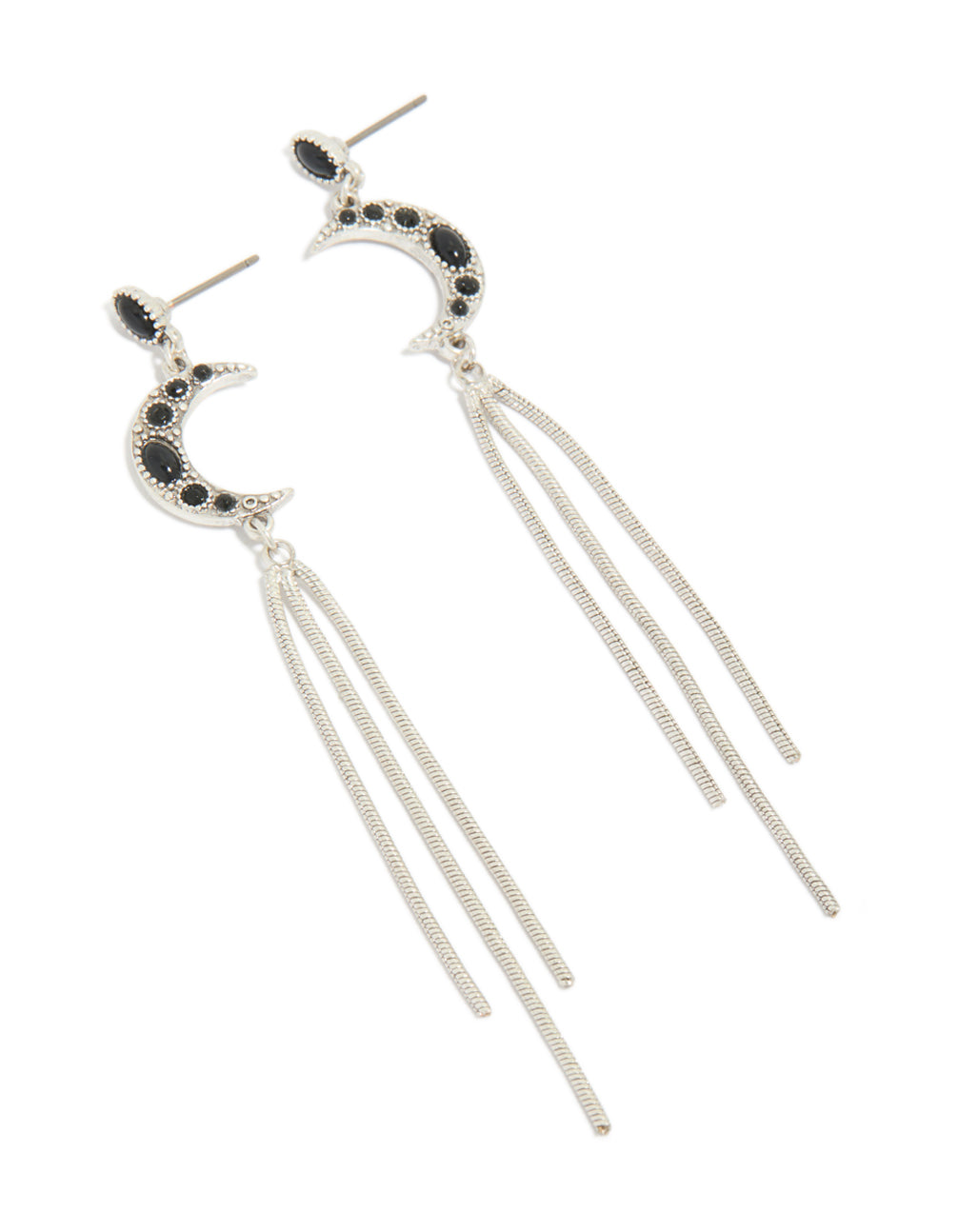 Showcasing dainty silver drop earrings featuring celestial moon with black gemstone accents and tassel chain detailing front view