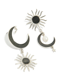 Showcasing statement silver black drop earrings featuring moon and sun celestial design with pearl accents front view - link has visual effect only