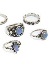 Featuring antique silver blue stone boho swirl stacking rings 6-pack in statement style close up view - link has visual effect only