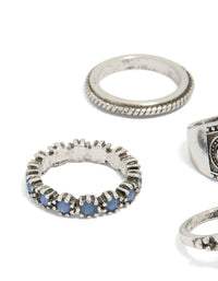Crafted from antique silver blue stone boho swirl stacking rings 6-pack with statement design side detail view - link has visual effect only