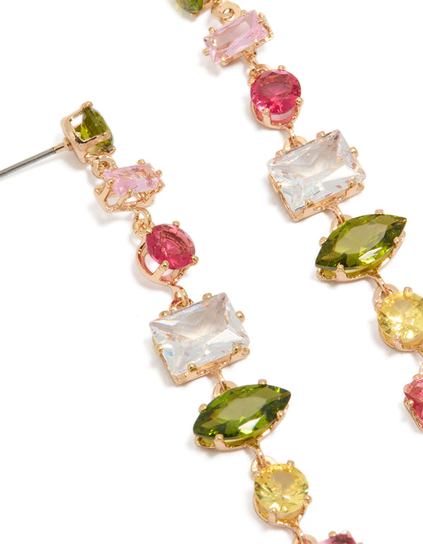 Gold Cubic Zirconia Mismatched Colourful Stones Drop Earrings