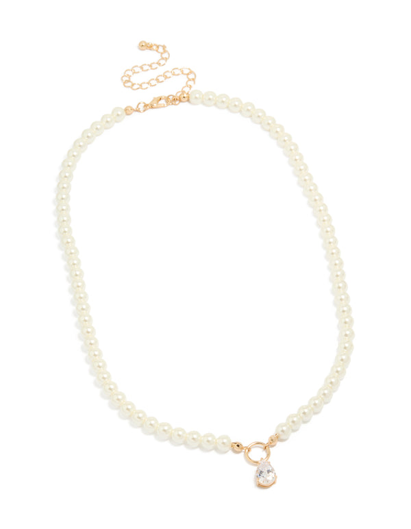 Gold Cubic Zirconia Dainty Pearl Pendant Necklace