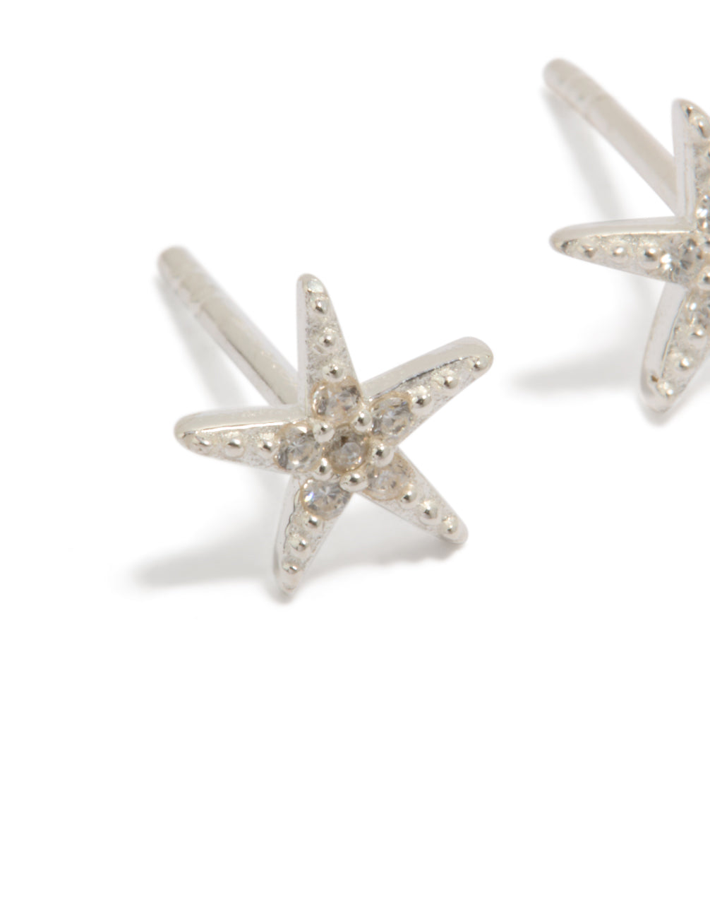 Featuring dainty sterling silver cubic zirconia starfish earrings with ocean-inspired design close up view