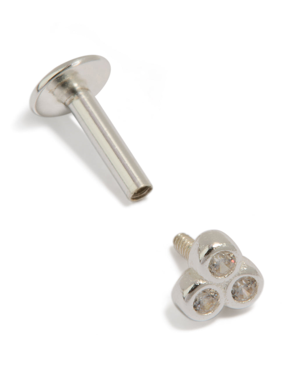 Featuring cubic zirconia in sterling silver, this flat back stud displays dainty design and secure closure belly view