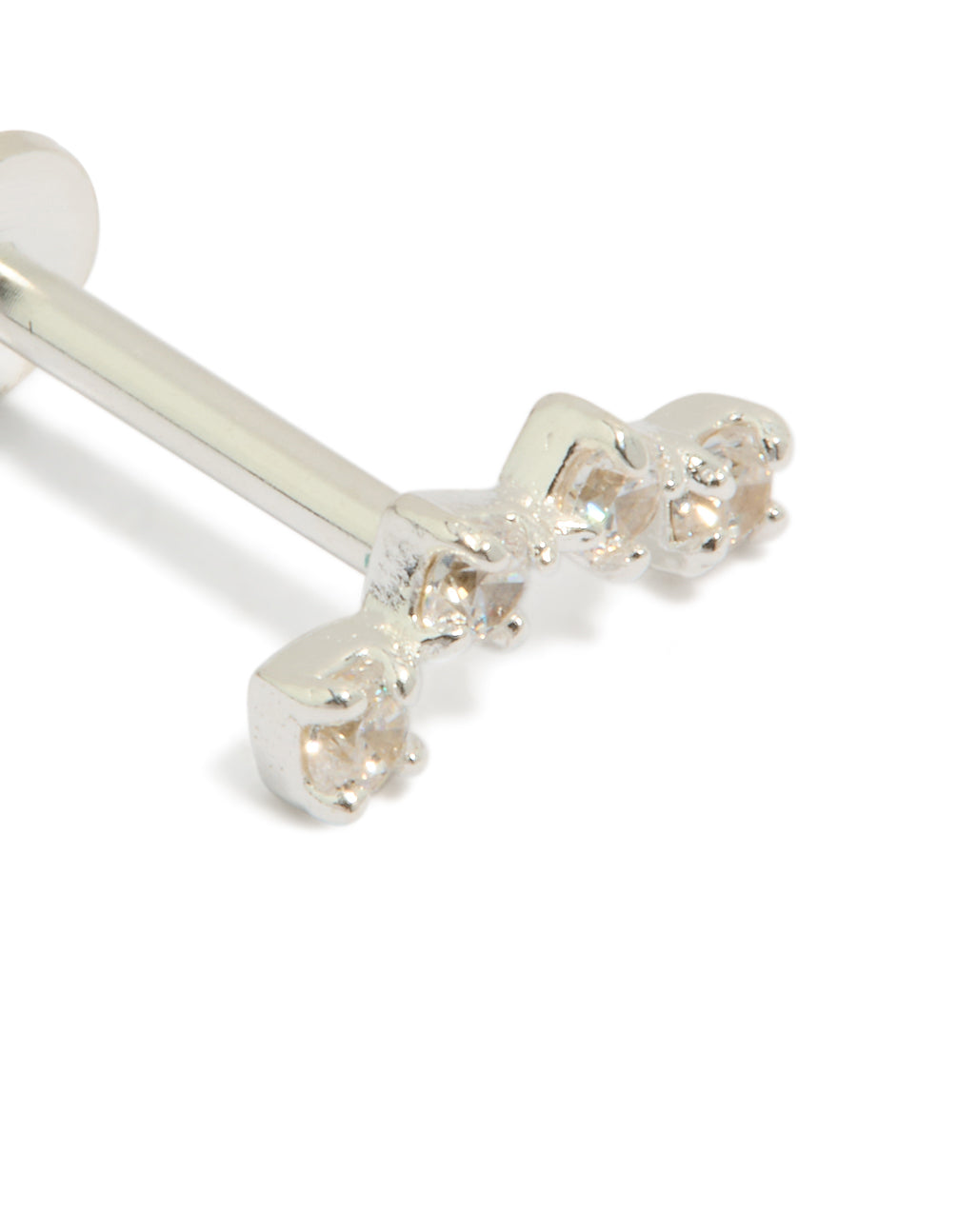 Designed with sterling silver crawler bar stud featuring cubic zirconia in a flat back closure close up view
