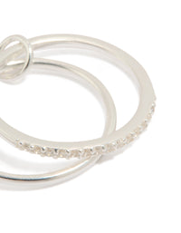 Showcasing sterling silver cubic zirconia double link ring with detailed close up view - link has visual effect only