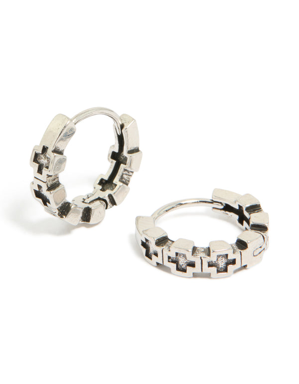 Waterproof Mens Black Brushed Stainless Steel Multi Cross Huggie Earrings