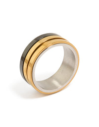 Featuring a mens waterproof gold plated and black coated stainless steel band ring with layered bands in silver side detail view - link has visual effect only
