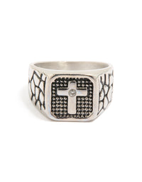 Mens Waterproof Stainless Steel Black Etched Cubic Zirconia Cross Signet Ring - link has visual effect only