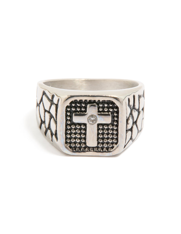 Mens Waterproof Stainless Steel Black Etched Cubic Zirconia Cross Signet Ring