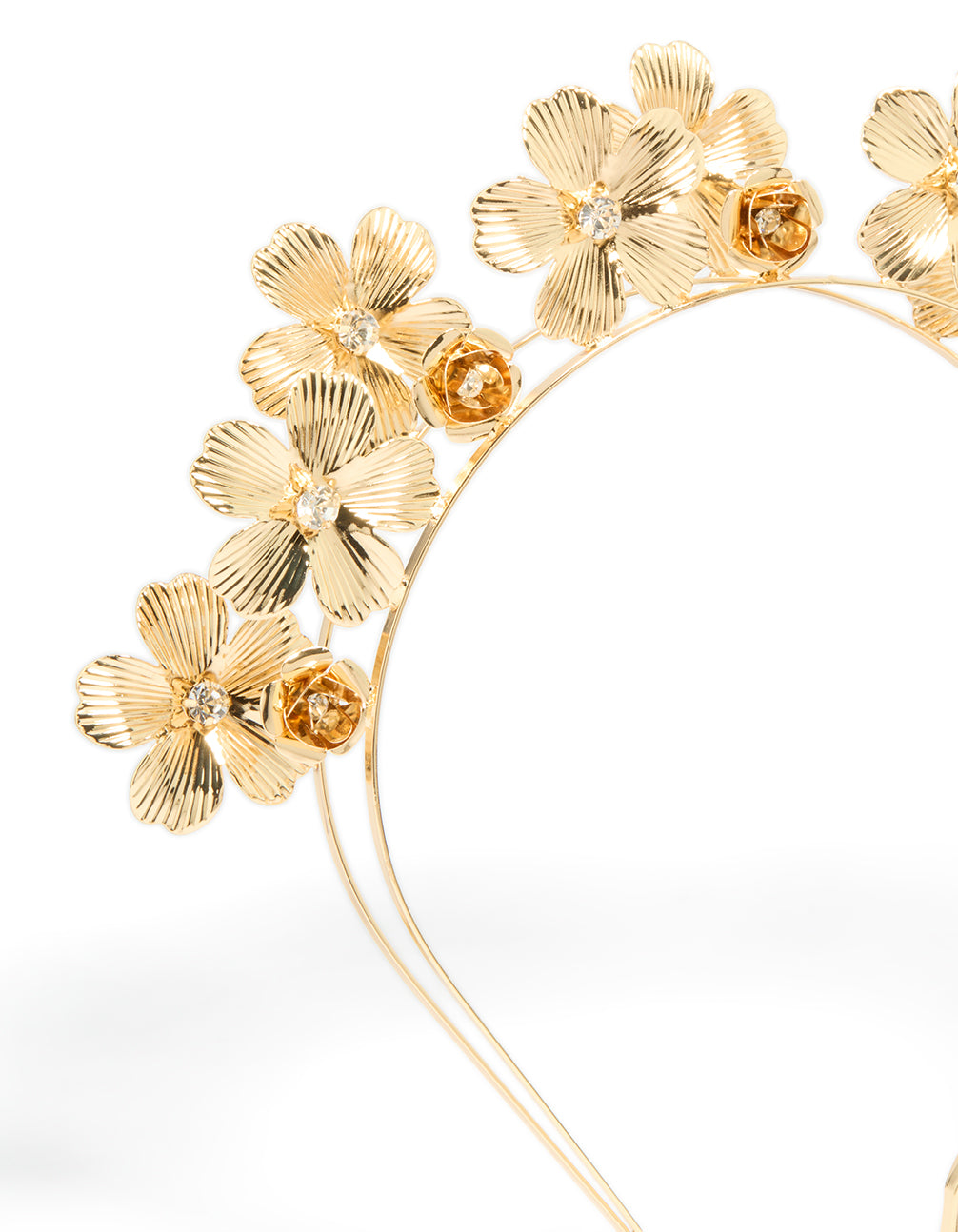 Elegant headband showcasing floral diamante accents crafted in gold and clear hues with double row styling side view