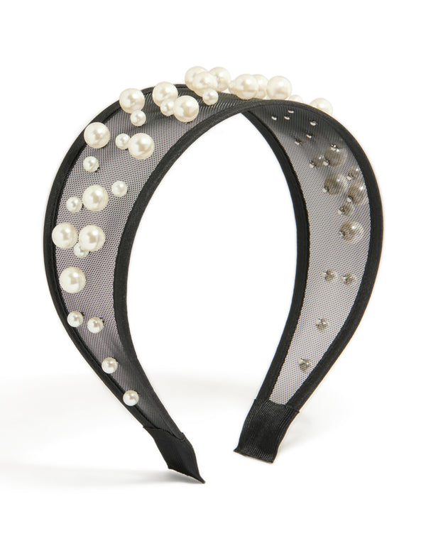 Black Wide Mesh Pearl Headband