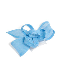 Showcasing a bow fascinator comb with solid sky blue loop design detail view - link has visual effect only