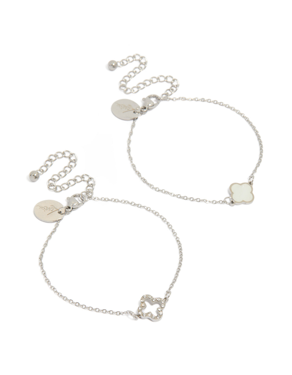 Discover waterproof stainless steel cubic zirconia solitaire flower bracelets in silver 2-pack front view