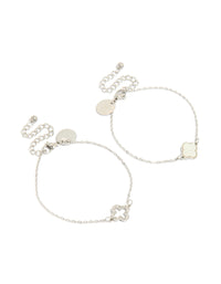 Showcasing waterproof stainless steel cubic zirconia solitaire flower charm bracelets in a 2-pack, crafted from crystal in silver and white front view - link has visual effect only