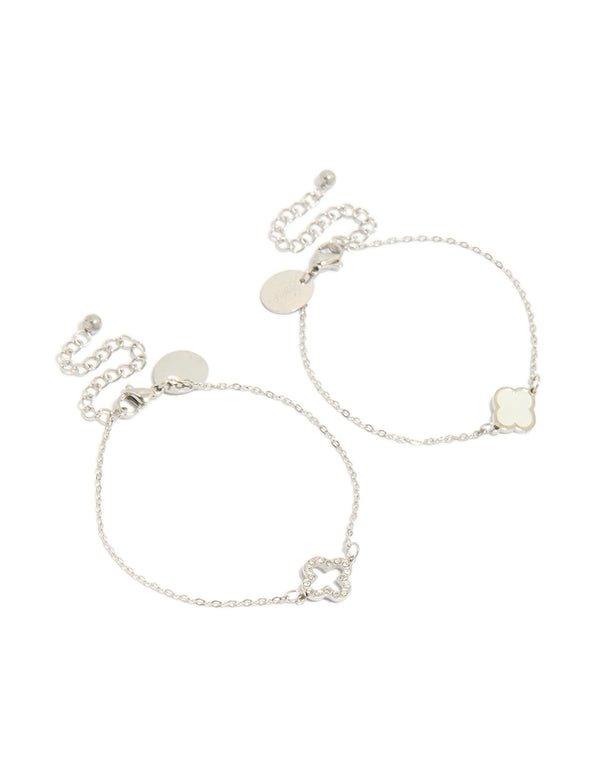 Showcasing waterproof stainless steel cubic zirconia solitaire flower charm bracelets in a 2-pack, crafted from crystal in silver and white front view