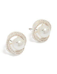 Showcasing silver plated cubic zirconia and pearl twist stud earrings front view - link has visual effect only