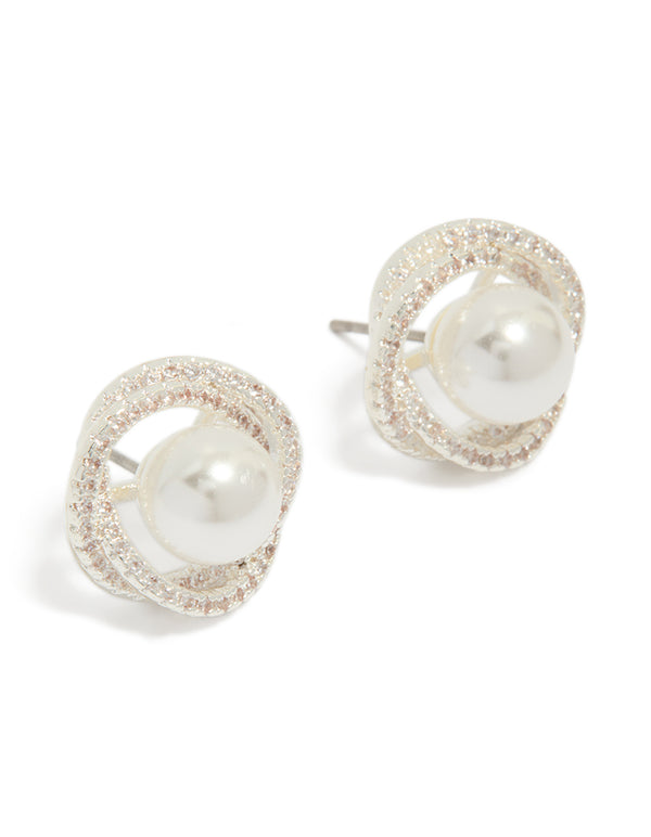 Showcasing silver plated cubic zirconia and pearl twist stud earrings front view