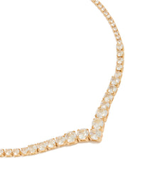 Showcasing a gold plated gradient bezel cubic zirconia necklace with statement style close up view - link has visual effect only